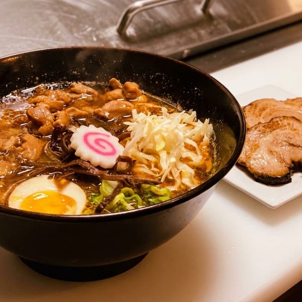 A bowl of ramen with chicken, egg, and vegetables, with a side of sliced pork.