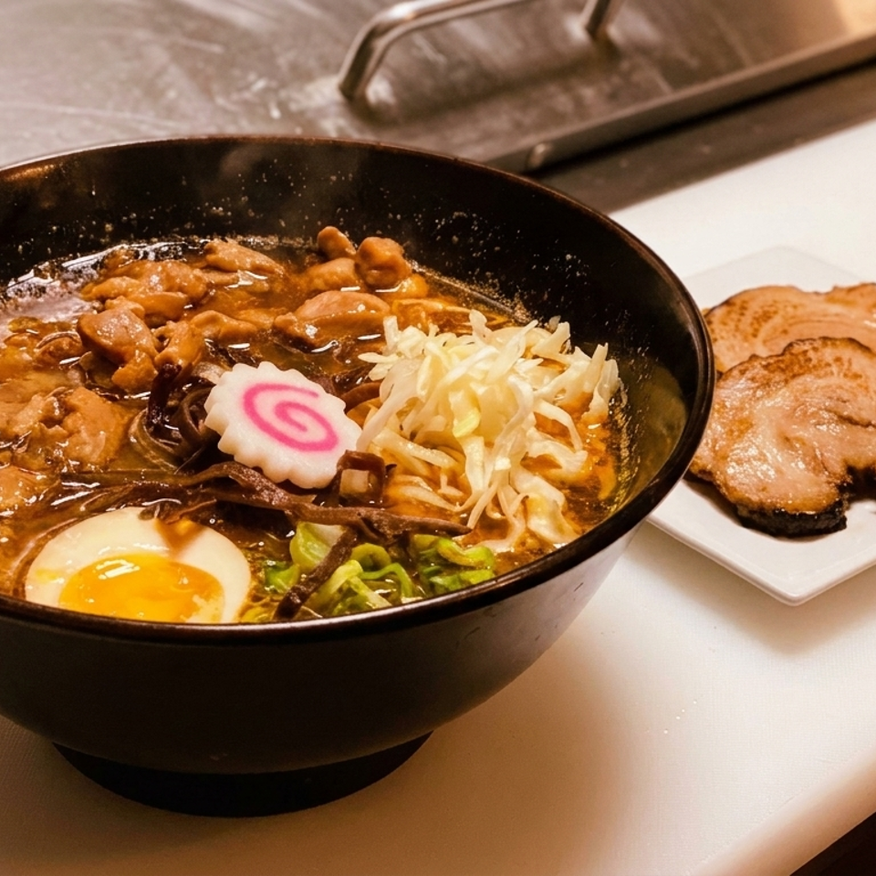 A bowl of ramen with pork, egg, and vegetables, with a side plate of sliced pork.