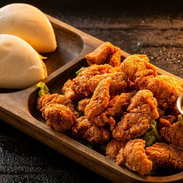 Crispy fried chicken pieces, two steamed buns, and a side of red dipping sauce on a wooden tray.