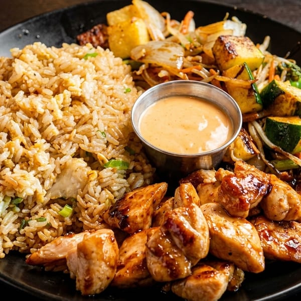 A black plate with chicken teriyaki, fried rice, stir-fried vegetables, and a side of sauce.