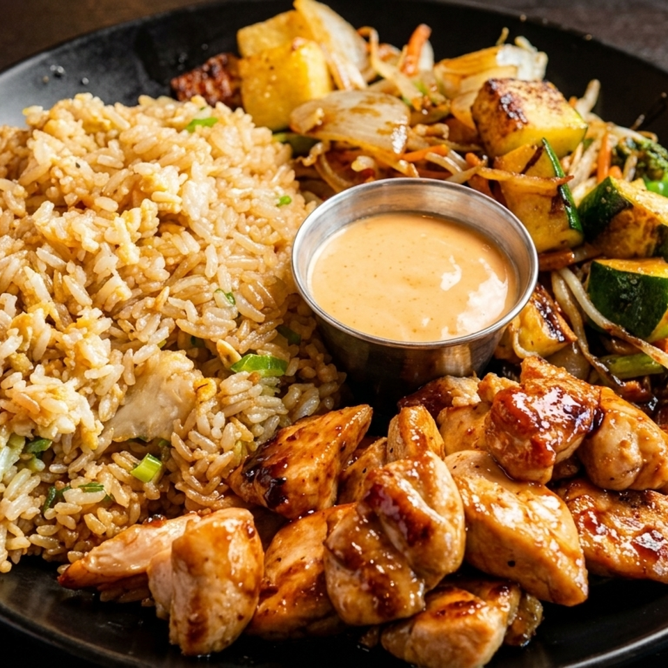 A black plate with chicken teriyaki, fried rice, stir-fried vegetables, and a side of sauce.