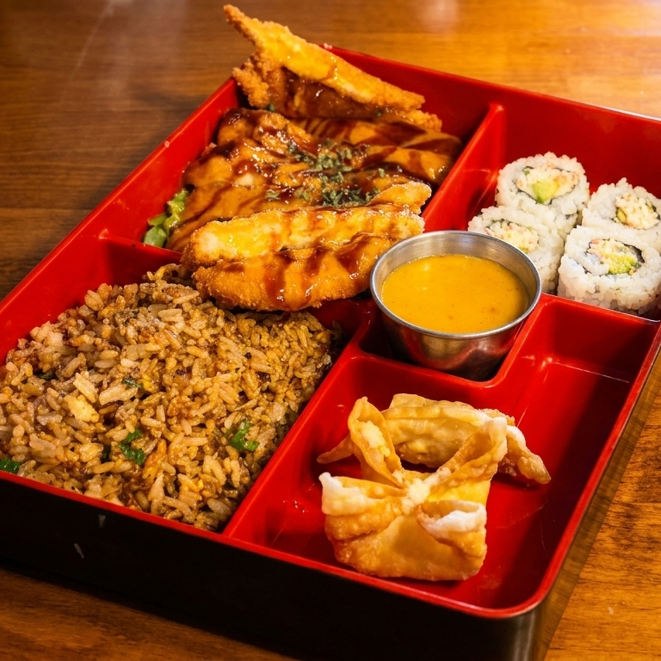 Bento box with fried rice, chicken teriyaki, sushi rolls, crab rangoon, and dipping sauce.